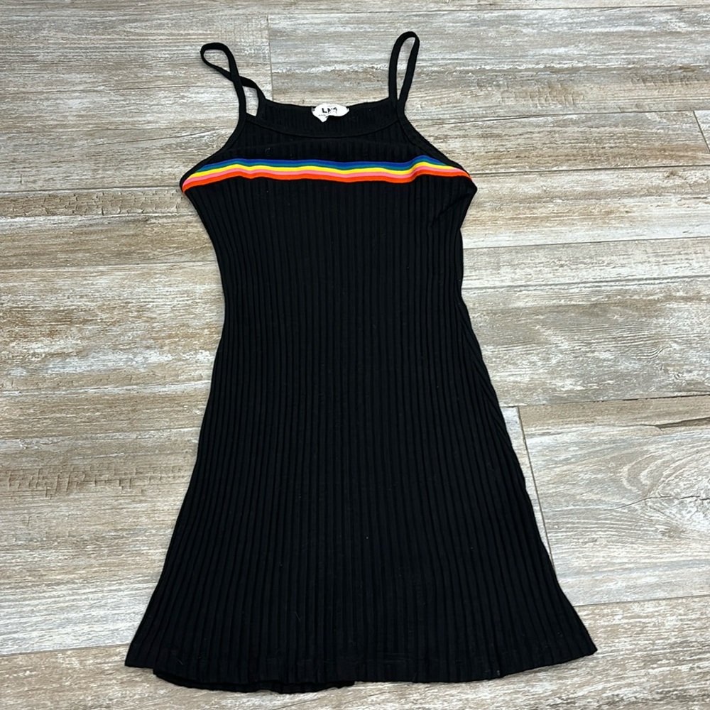 LBD Black mini dress with spaghetti straps and rainbow stripe
